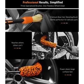 YeewayVeh 3PCS Quick Car Wheel Brush Kit, 2-Size 360° Bendale Rim Cleaner Brushes, Boars Hair Detailing Brush, Fast Scratch-Free Cleaning for Car Wheels, Motorcycle, Orange
