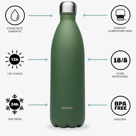 Qwetch Stainless Steel Thermos Flask, Isothermal Flask, Granite Kaki 1 L, Stainless Steel Bottle, 24 Hours Cold and 12 Hours Warm, Waterproof, BPA-Free & Reusable, for Sports, Travel, Office, Hiking