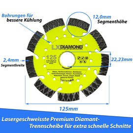LXDIAMOND Diamond Cutting Disc 125 mm x 22.23 mm - Perfect for Concrete Reinforced Concrete Clinker Granite Hard Burning Clinker Natural Stones Artificial Stones - Laser Diamond Disc 125 mm in Premium