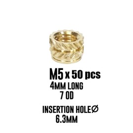 INDUSTRIAL BOY Heat Set Threaded Insert, Brass Inserts - Heat Set Inserts for 3D Printing, Plastic Parts & Prototyping | Metric Knurled Nuts for Secure Fastening (M5 x 7 OD x 4 L - 50 Pieces)