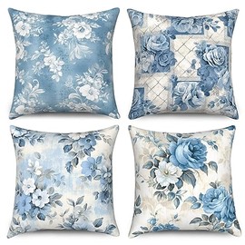 Blue Floral Throw Pillow Covers 18x18 Inches Spring Flower Decorative Farmhouse Vintage Outdoor Cushion Case Decoration for Sofa Velvet Square Cushion Set of 4