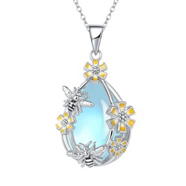 Sterlling Silver Moonstone Bee Necklace,Bumble Bees and Daisy Teardrop Blue Stone Pendant Jewelry Gifts for Women