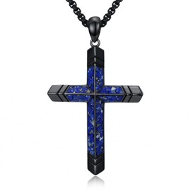 YYB Cross Necklace for Men Black Cross Lapis Lazuli Chain Pendant Christian Jewelry Gifts for Mens