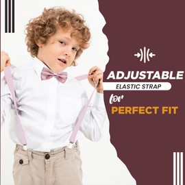 FATASH Kids Elastic Braces & Bow Tie Set | Adjustable Leather-Backed Suspenders Y-Shape Clip-on Toddler | Children's Waistcoat Accessory | Suitable for Boys & Girls Ages Up to 8 Years - Baby Pink