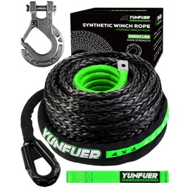 Synthetic Winch Rope with Hook, 3/8" x 92ft 26500LBS Winch Rope with Protective Sleeve, Forged Winch Hook and Safety Pull Strap for Off-Road 4x4 Vehicle, Truck(Black)