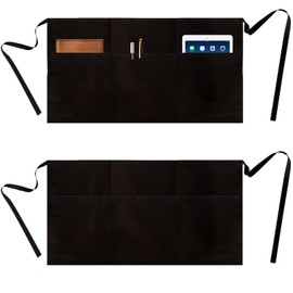 toresper 2 Pack Server Apron, Black Waitress Apron with 3 Pockets, Waiter Short Half Waist Apron for Women with Pockets (2, Black)
