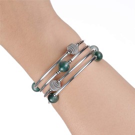 Pearl&Club Bead Wrap Bangle Amethyst Bracelet - Layered Cuff Bracelet with Natural Agate Stone, Birthday Gifts for Women Girls (Jade Green)