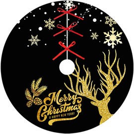 48 Inch Merry Christmas Tree Skirt Black and Gold Christmas Tree Skirt with Snowflake Elk Christmas Tree Decoration Box Tree Skirt Mat for Christmas Winter Holiday Party Decorations
