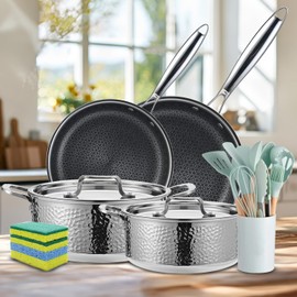 Vivicreate 20 Piece Stainless Steel Kitchen Cooking Pot Pots and Pan Pans Cookware Set Pots and Pans Hammered Design Induction Compatible Ollas de Acero Inoxidable