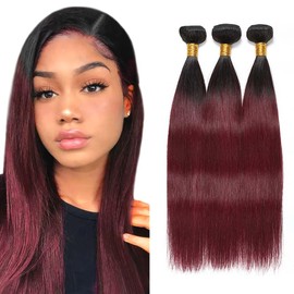 1B/99J Human Hair Bundles Ombre Straight Bundle Burgundy Bundles Human Hair 10 12 14 Inch Double Weft Unprocessed Brazilian Hair Extensions Soft And Healthy 3Pcs/Set