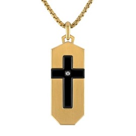 Bulova Jewelry Men's Icon Gold and Black Stainless Steel, Cross Inlay with Diamond Accent Dog Tag Pendant, Round Box Link Chain Necklace,Length 24"-26", Style: BVC1076-G6STQ7