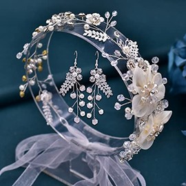 ULAPAN Diademas de boda, tocados de novia, enredaderas para el cabello con diamantes de imitación y cristales plateados, accesorios para el cabello para mujer (diadema y pendientes)