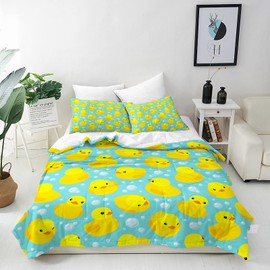 ANHOPE Cartoon Yellow Rubber Duck Bed Linen Set 3-Piece Soft Duvet Cover 135 x 200 cm and 2 Pillowcases 50 x 70 cm Microfibre Duvet Covers Set with Zip Duvet Cover for Children Boys Girls