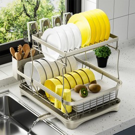 arshray Dish Drying Rack 2-Tier Dish Racks for Kitchen Counter, Adjustable Spout Auto-Draining Dish Rack, Large Capacity for Plates, Bowls, Cups, Tableware, Dish Drainer with Drainboard,Grey