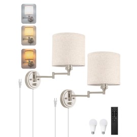 Plug in Wall Sconces with Remote Control, Dimming & Adjustable Colors 2700K-6500K, Hardwire or Plug-in, Swing Arm Wall Lamp with Linen Fabric Shade, Wall Sconces Set of Two, Brushed Nickel Finish