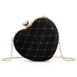 Oweisong Black Heart Shaped Purses for Women Velvet Clutch Bag Sparkling Rhinestone Evening Handbag for Wedding Party