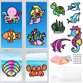 MONCAP 12pcs Sealife Stained Glass Decoration Kits Art and Craft Kits for Kids Sea Animals Paper Crafts Kits Window Kids Craft Kits DIY Sticker Art for Children 4+