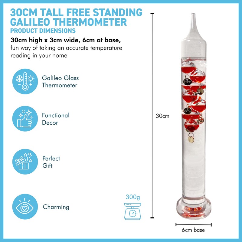 30cm Tall Free Standing Galileo Thermometer with seven red floating