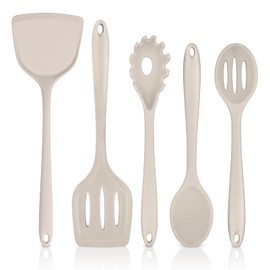 TeamFar Silicone Cooking Utensils, Kitchen Utensils Set of 5, Nonstick Cookware Tools Turners Spoons Pasta Server for Home, Healthy & Heat-Resistant, Seamless & Non-Scratch, Dishwasher Safe, Khaki