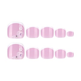 24 Pcs Summer Pink Press on Toenails for Women,YIHONGYAN Short Fake Toenail Press ons White French Toe Nail Tip Acrylic Kit Glue on Nails Full Cover False Nails with Flower Design Stick on Toenails