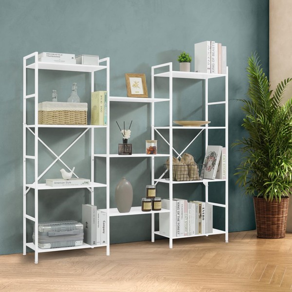 CAPHAUS Triple Column 4 Tier Bookshelf, Industrial Triple Bookcase with