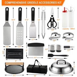 grilljoy Professional Griddle Accessories Kit Set with Smash Burger Press - Extra Thick Grill Spatula, Turner, Flipper - 28PCS Flat Top Grill Tools Kit for Outdoor Barbecue Teppanyaki Camping Cooking