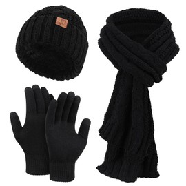 OZERO Gloves Beanie Scarf For Women: Knit Fleece Lined Hat Black Beanies For Women Christmas Womens Scarf Winter Warm Womens Gloves With Touchscreen Fingers For Snow Cold Weather Running Driving
