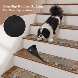 OJIA Floral Stair Treads Non-Slip Stair Runners for Wooden Steps Indoor 4PCS 30"x8" Carpet Stair Treads Mats Staircase Step Treads for Kids, Elders and Dogs, Stair Covers, Brown