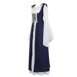 Womens Renaissance Cosplay Costume Medieval Irish Over Dress and Chemise Boho Set Gothic High Waist Gown Dress Deep Blue-XL