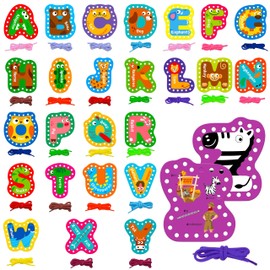 SpriteGru 26PCS Kids Lacing Cards, 26 Double Sided Uppercase Sewing Cards with 26 Colorful Laces, Imagination Development Lacing Toys Games for Children Educational and Learning Activity