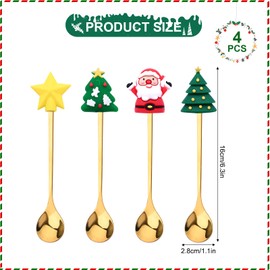 4 Pieces Stainless Steel Christmas Spoon,Christmas Coffee Spoon Christmas Tree Santa Christmas Star Tea Spoon Christmas Style Coffee Tea Dessert Drink Mixing Spoon for Christmas Tableware (Gold)