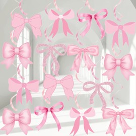 Pink Bows Birthday Party Decorations,14PCS Pink Bows Party Hanging Swirls Decorations,Parties Decorations Bows for Girls Women in Baby Shower Mother's Day Valentine's Day