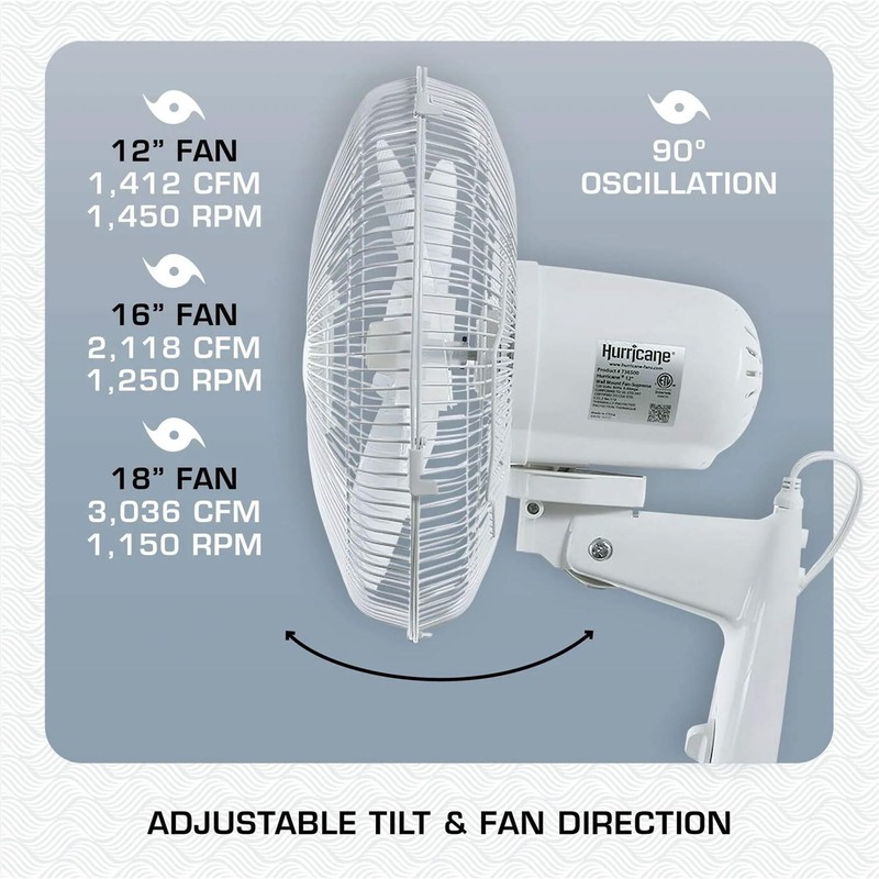 Hurricane Supreme 12” Portable Oscillating Wall Mount Fan, Space Saving,