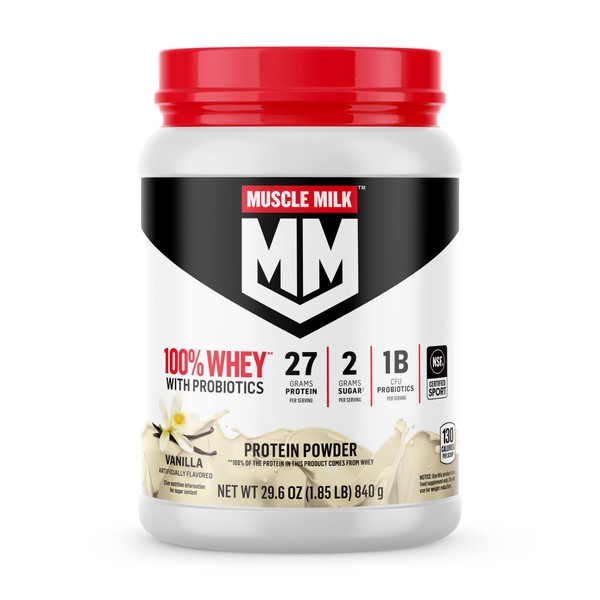 Muscle Milk 100% Whey With Probiotics Protein Powder, Vanilla, 1.85 Pound, 23 Servings, 27g Protein, 2g Sugar, 1B CFU Probiotics, Low in Fat, NSF Certified for Sport, Packaging May Vary