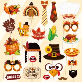 Konsait Happy Thanksgiving Photo Booth Props,25 Pcs Fall Theme Photography Props Turkey Day Selfie Photo Props with Stick for Fall Harvest Thanksgiving Theme Party Favors Decorations Supplies
