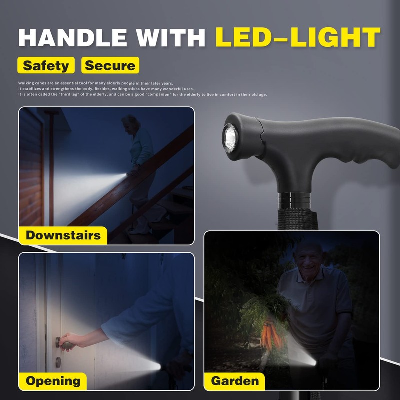 BigAlex Folding Walking Cane with LED Light,Pivoting Quad Base,Adjustable Walking