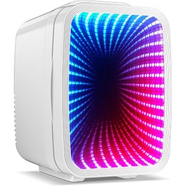 LIGIANT MF01C Mini Fridge, 7 Light Modes Including Flashing Marquee, Quiet Cooling & Warming Function, AC/DC Power, 4 L/6 Cans Capacity, Small Refrigerator for Gaming Room, Bedroom, Office and Car