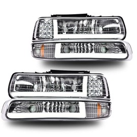 CHEDA LED DRL Headlights Assembly Compatible with 1999-2002 Chevy Silverado/Fit 2000-2006 Suburban Tahoe Clear Lens Chrome Housing Amber Reflector Headlamp Faros Conjunto De Faros