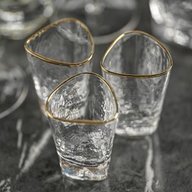Zodax Aperitivo Triangular Stemware or Glassware - Clear with Gold Rim - Set of 6 Shot Glasses