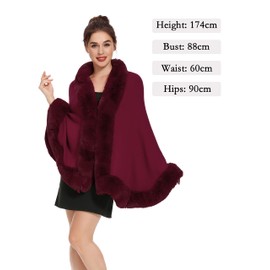 ZLYC Women Winter Faux Fur Shawl Stole Warm Wrap Cape (Burgundy)