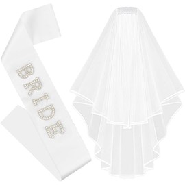 LQTSLFM Accessories for Bride to Be, Bridal Veil, Bridal Sash, Veil, Bride to Be Sash Veil Set, Women Hen Party Set for Bride, Bachelorette Party, White (white A)