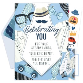 Decorably Glittery 5x7in Individual Happy Fathers Day Card from Daughter with Liftable Tie Cutout, Textured Father's Day Card Set with Envelope and Stickers, with Printed Message Inside