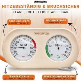 WASSERFELD® Sauna Thermometer Hygrometer [2in1 Funktion] Präzises Saunathermometer für eine genaue Messung der Temperatur & Luftfeuchtigkeit - Sauna Hygrometer mit gehärtetem Glas - Saunazubehör…