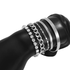 fxmimior Dainty Simple Silver Chain Rhinestones Stackable Bracelets Set for Women Adjustable Beaded Chunky Flat Cable Chain Punk Coin Bracelets Jewelry for Women Girls Gift Set of 5 (Silver)