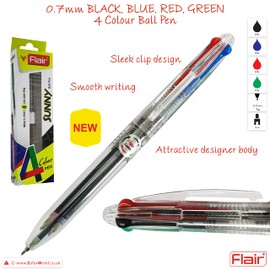 Flair Sunny 4 Colour BLACK RED BLUE GREEN 0.7mm Fine Retractable Ballpoint Pen, iZOFAX Black Ball Pen
