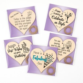 Pack of 5 Birthday Wooden Heart Plaques – Set of Funny & Sentimental Hanging Gifts with Twine – Rustic Card Alternatives for Friends & Family