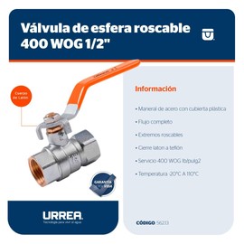 URREA 562.13 Válvula de Esfera Roscable 400 WOG 1/2”, Válvula de Bola con Palanca, Latón, Acabado Cromo