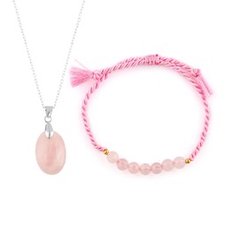 NJCRAFT Natural Rose Quartz Gemstone Pendant Necklace & Beads Braided Bracelet, AAA Quality Stones, Chakra Healing Crystals, Silver Plated Chain, Gift for Women, Size 18inch