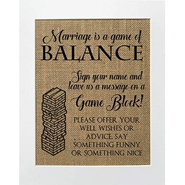 8x10 UNFRAMED Marriage is The Game Of Balance/Burlap Print Sign/Rustic Country Shabby Chic Vintage Wedding & Party Decor Sign Love Game Kitchen Sign Jenga