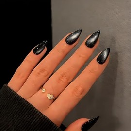 SXVME Uñas postizas Cat Eye color almendra, hechas a mano, de grosor medio, en cromo negro, para mujer, para fiestas de cumpleaños, reutilizables, con